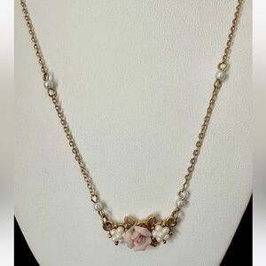 Vintage 1928 Carved Rose Faux Pearl Flower Pendant Necklace Gold Tone Chain